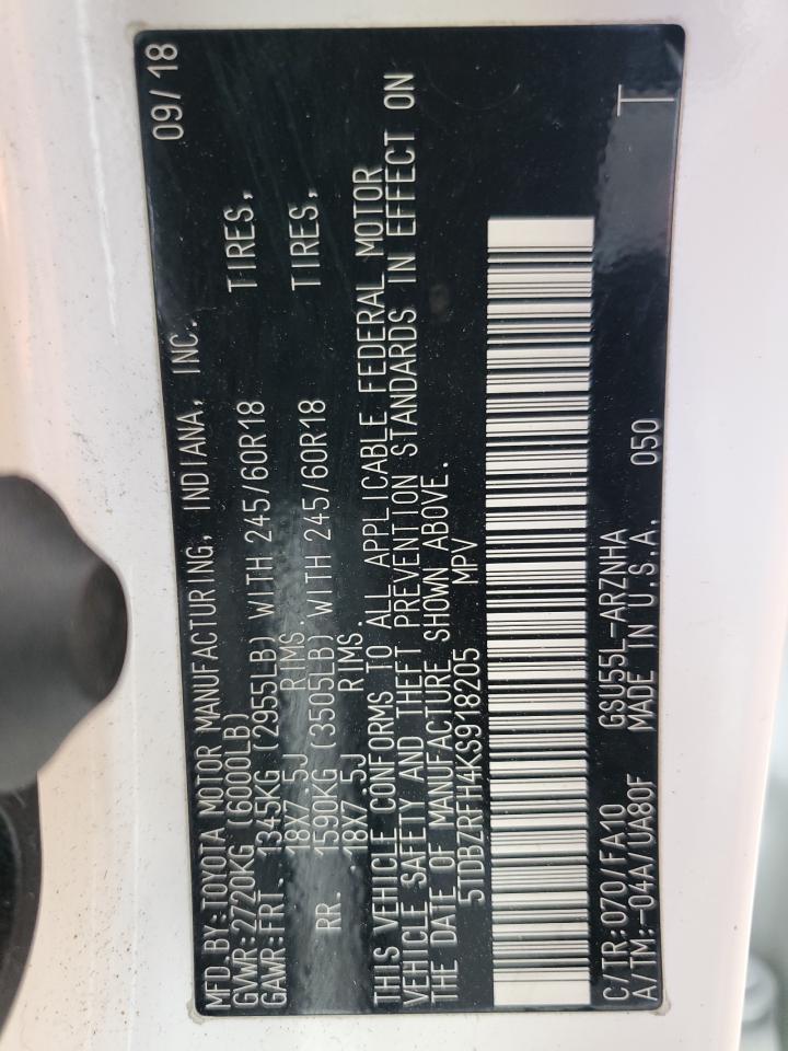 2019 Toyota Highlander Le VIN: 5TDBZRFH4KS918205 Lot: 86069835