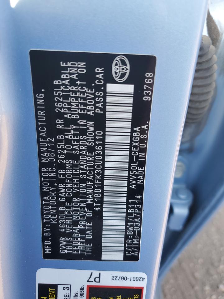 2012 Toyota Camry Hybrid VIN: 4T1BD1FK3CU036110 Lot: 85845675