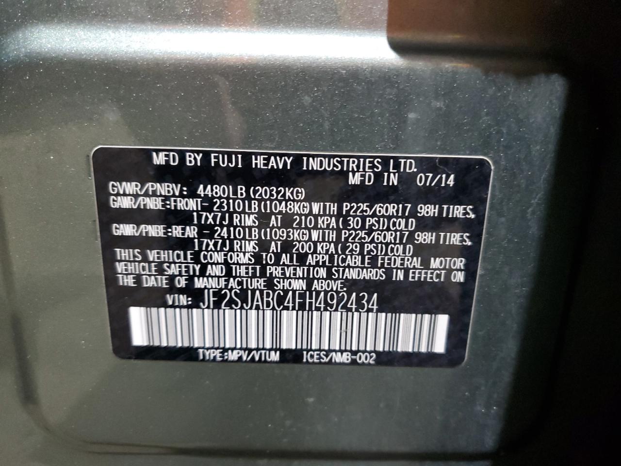 2015 Subaru Forester 2.5I VIN: JF2SJABC4FH492434 Lot: 86056195