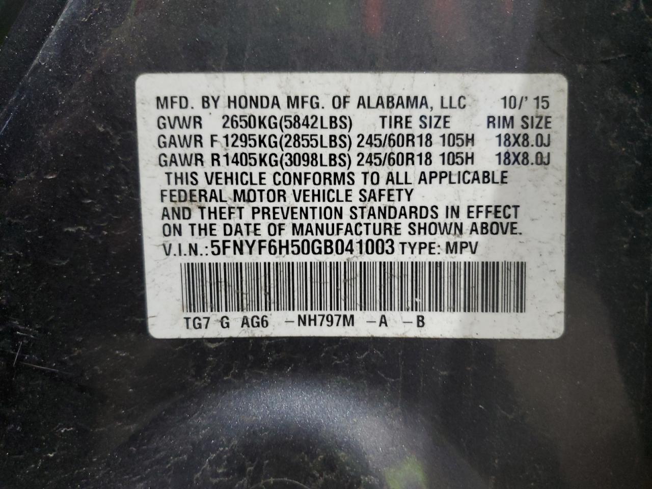 2016 Honda Pilot Exl VIN: 5FNYF6H50GB041003 Lot: 87373575