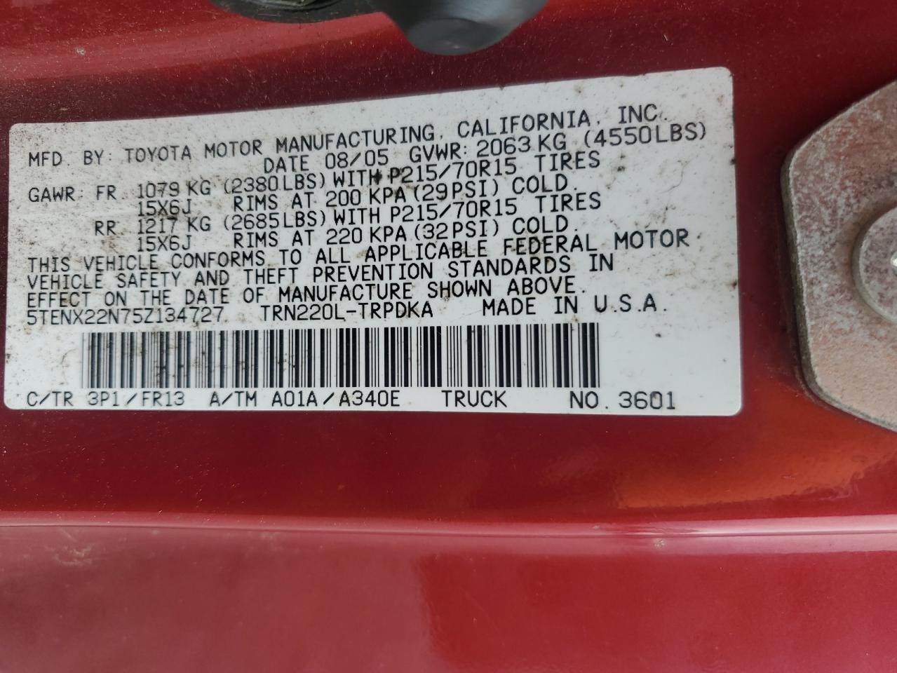2005 Toyota Tacoma VIN: 5TENX22N75Z134727 Lot: 86090395