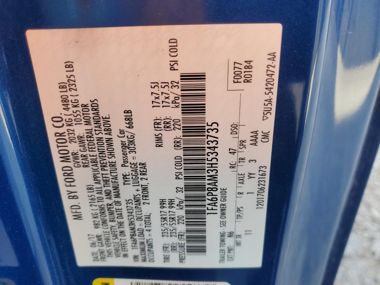 2017 Ford Mustang VIN: 1FA6P8AM3H5343735 Lot: 87278355