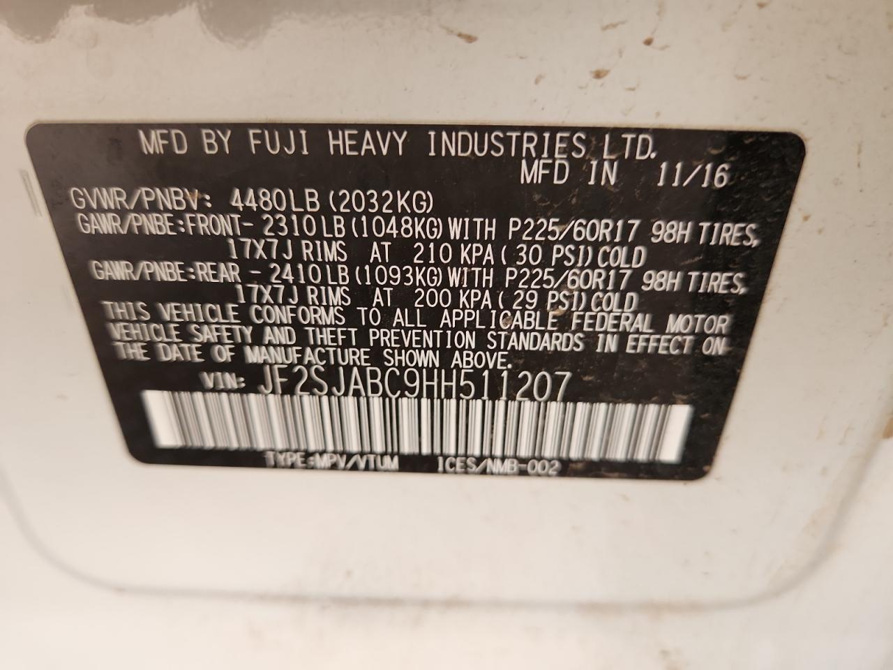 2017 Subaru Forester 2.5I VIN: JF2SJABC9HH511207 Lot: 85007735