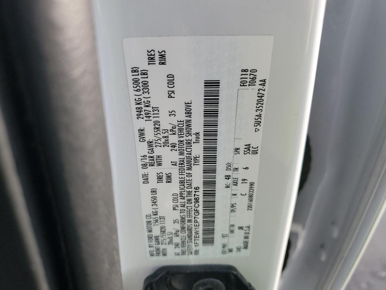 2016 Ford F150 Supercrew VIN: 1FTEW1EP7GFC98716 Lot: 87409185