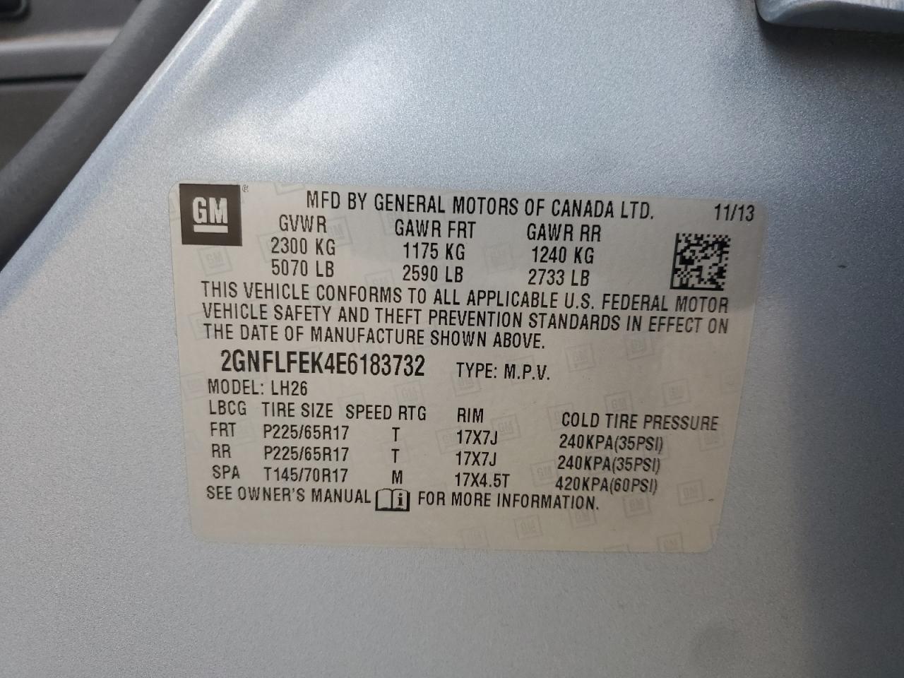 2014 Chevrolet Equinox Lt VIN: 2GNFLFEK4E6183732 Lot: 85732445