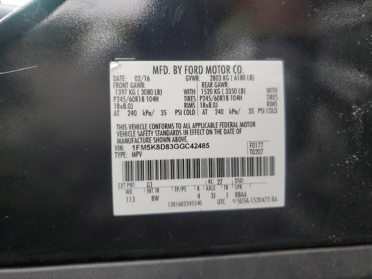 2016 Ford Explorer Xlt VIN: 1FM5K8D83GGC42485 Lot: 81985655