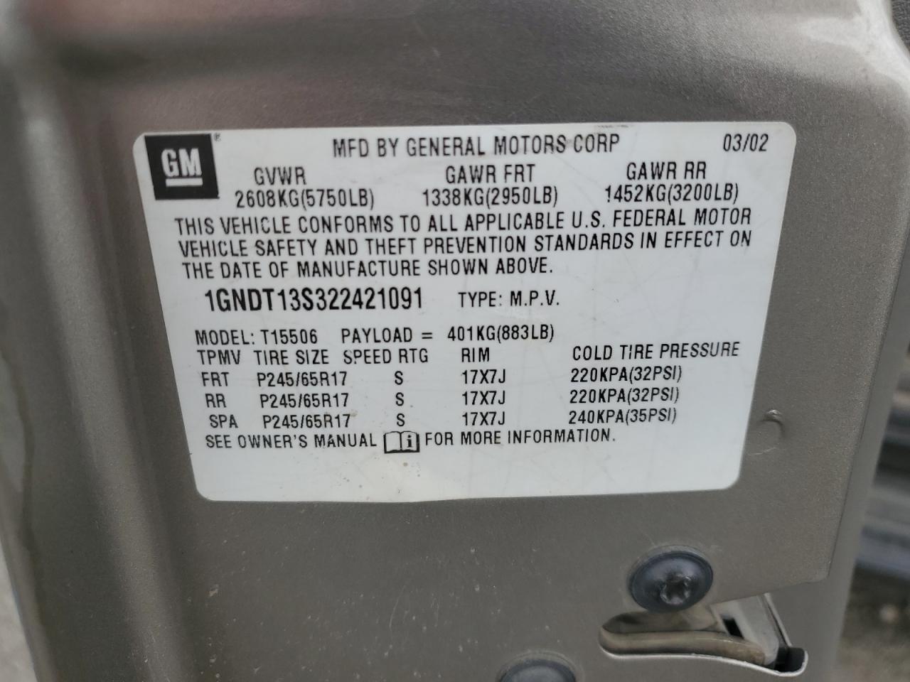 2002 Chevrolet Trailblazer VIN: 1GNDT13S322421091 Lot: 81630595