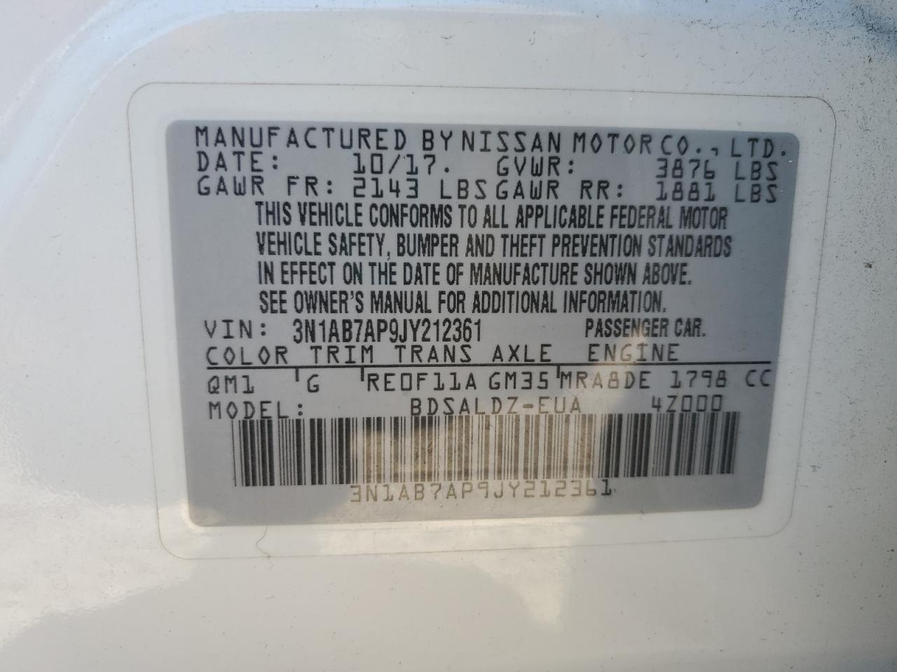 2018 Nissan Sentra S VIN: 3N1AB7AP9JY212361 Lot: 84018065