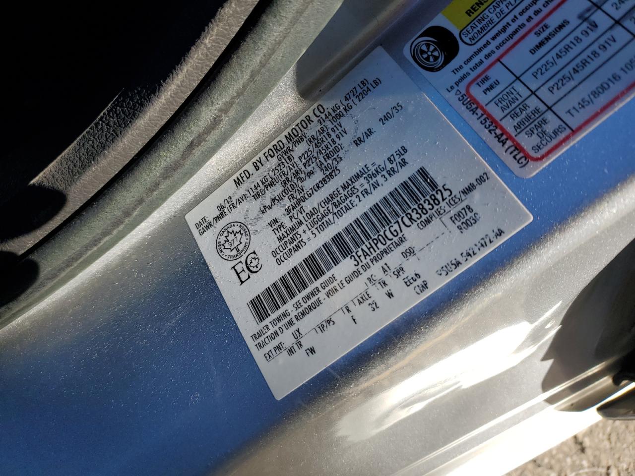 2012 Ford Fusion Sel VIN: 3FAHP0CG7CR383825 Lot: 84303355