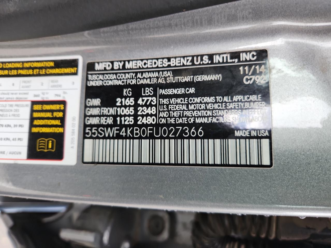 2015 Mercedes-Benz C 300 4Matic VIN: 55SWF4KB0FU027366 Lot: 85160775