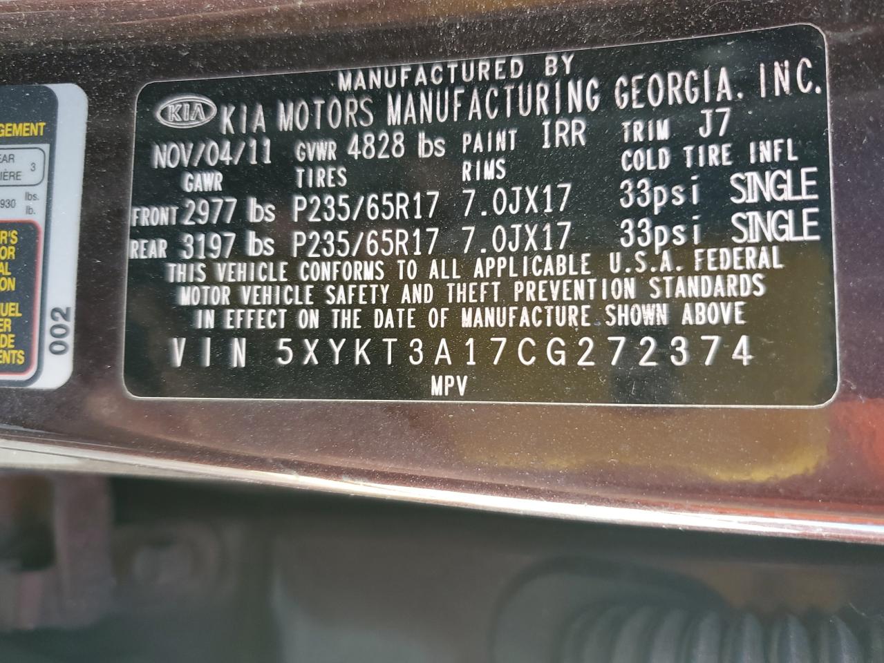 2012 Kia Sorento Base VIN: 5XYKT3A17CG272374 Lot: 82581825