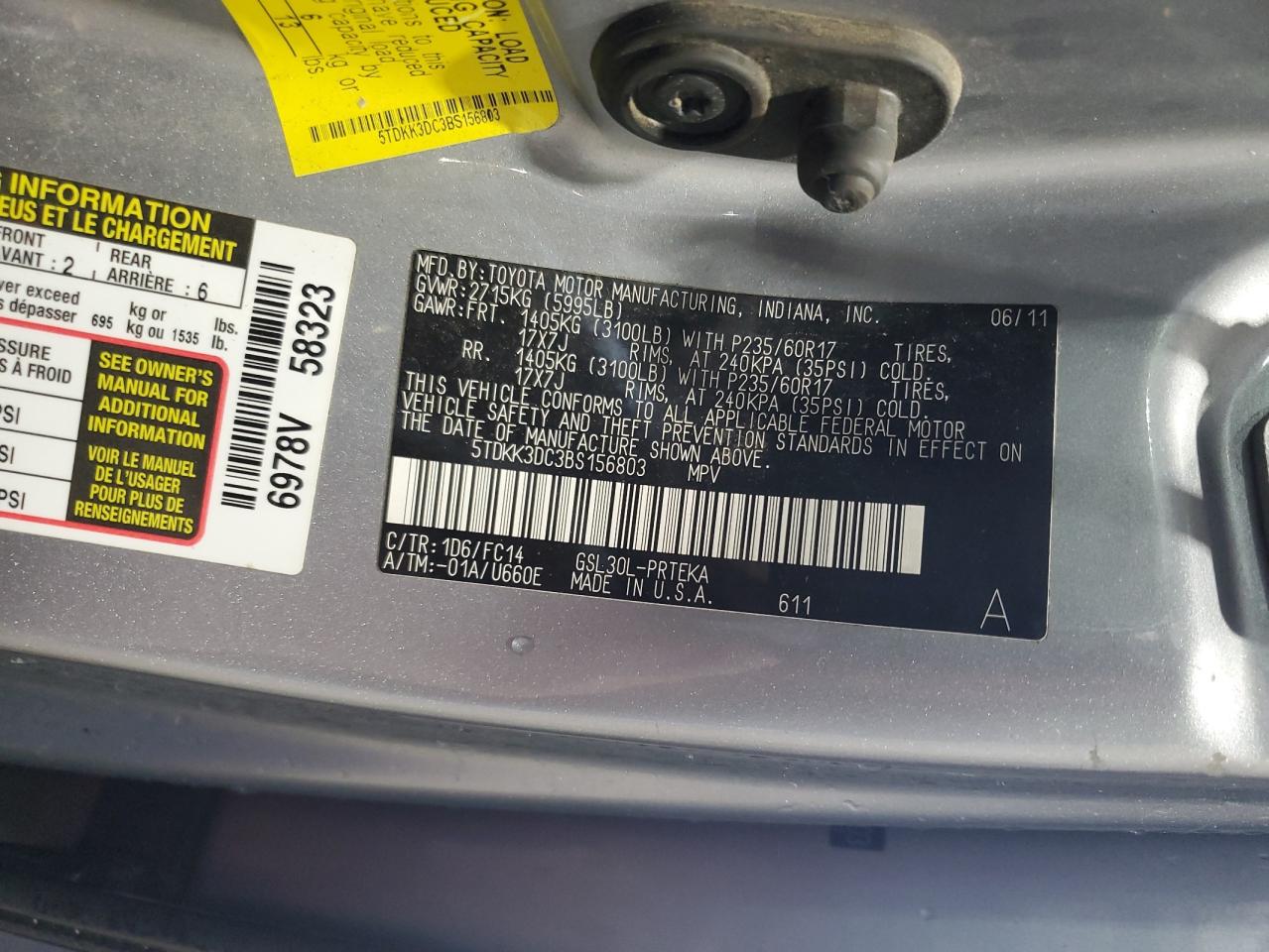 2011 Toyota Sienna Le VIN: 5TDKK3DC3BS156803 Lot: 85092125