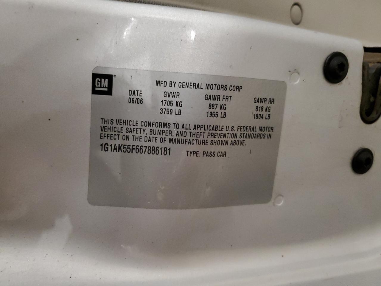 2006 Chevrolet Cobalt Ls VIN: 1G1AK55F667886181 Lot: 82426835