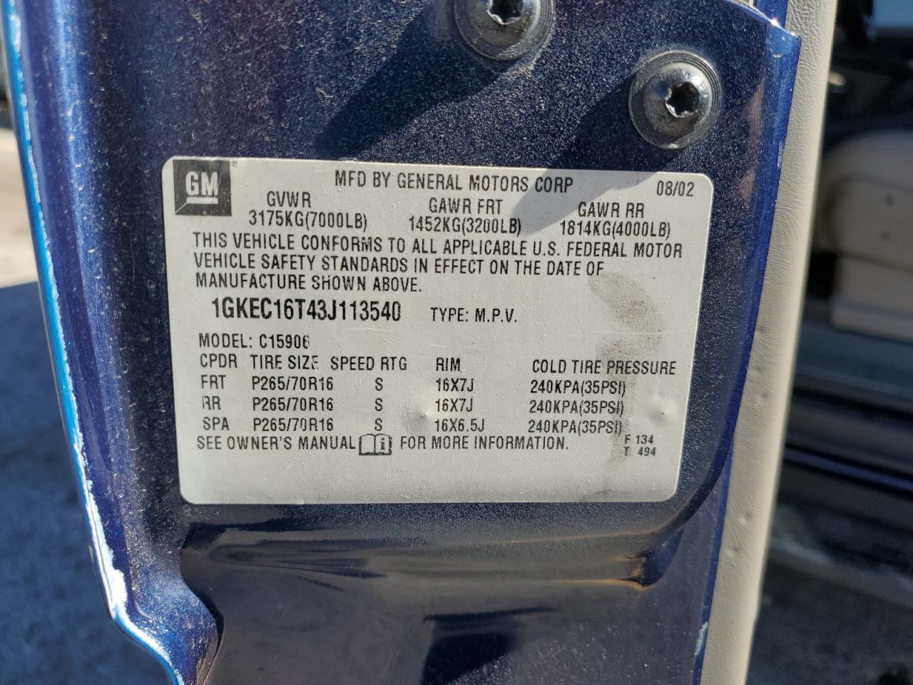 2003 GMC Yukon Xl C1500 VIN: 1GKEC16T43J113540 Lot: 86872845