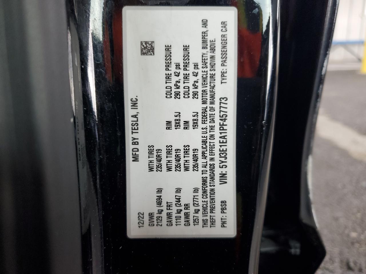 2023 Tesla Model 3 VIN: 5YJ3E1EA1PF457773 Lot: 85157405