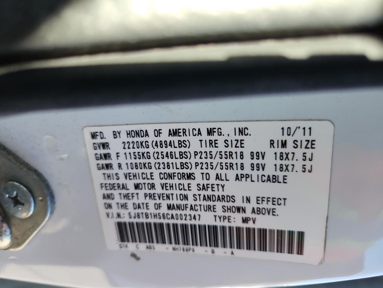 2012 Acura Rdx Technology VIN: 5J8TB1H56CA002347 Lot: 87438645