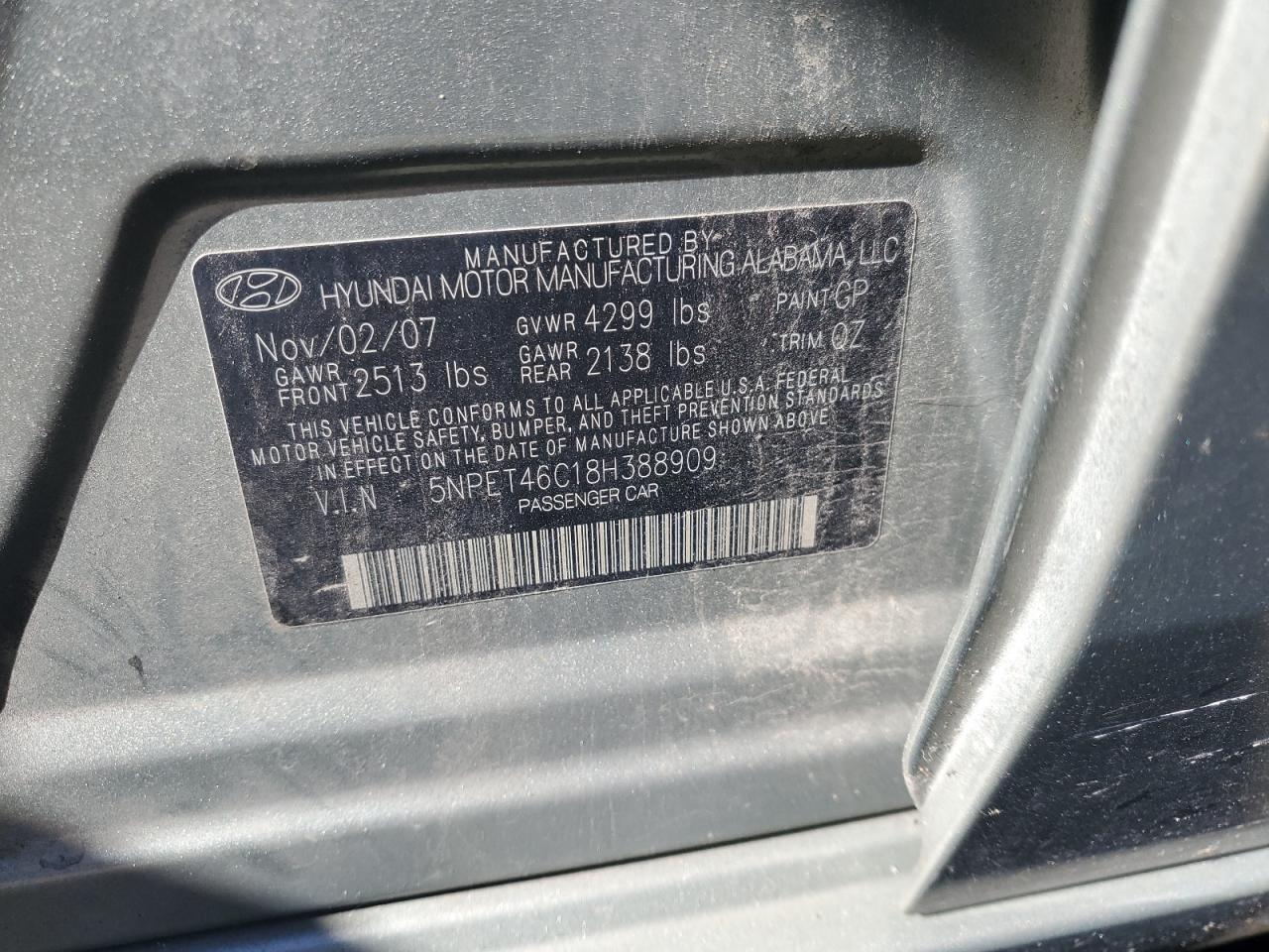 2008 Hyundai Sonata Gls VIN: 5NPET46C18H388909 Lot: 85391545