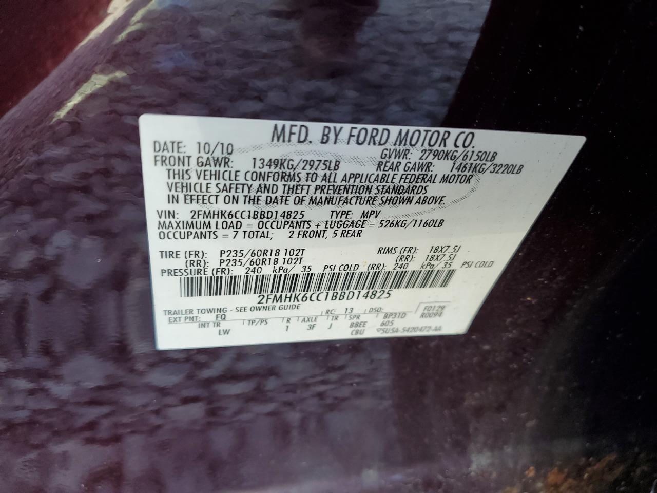 2011 Ford Flex Sel VIN: 2FMHK6CC1BBD14825 Lot: 87093205