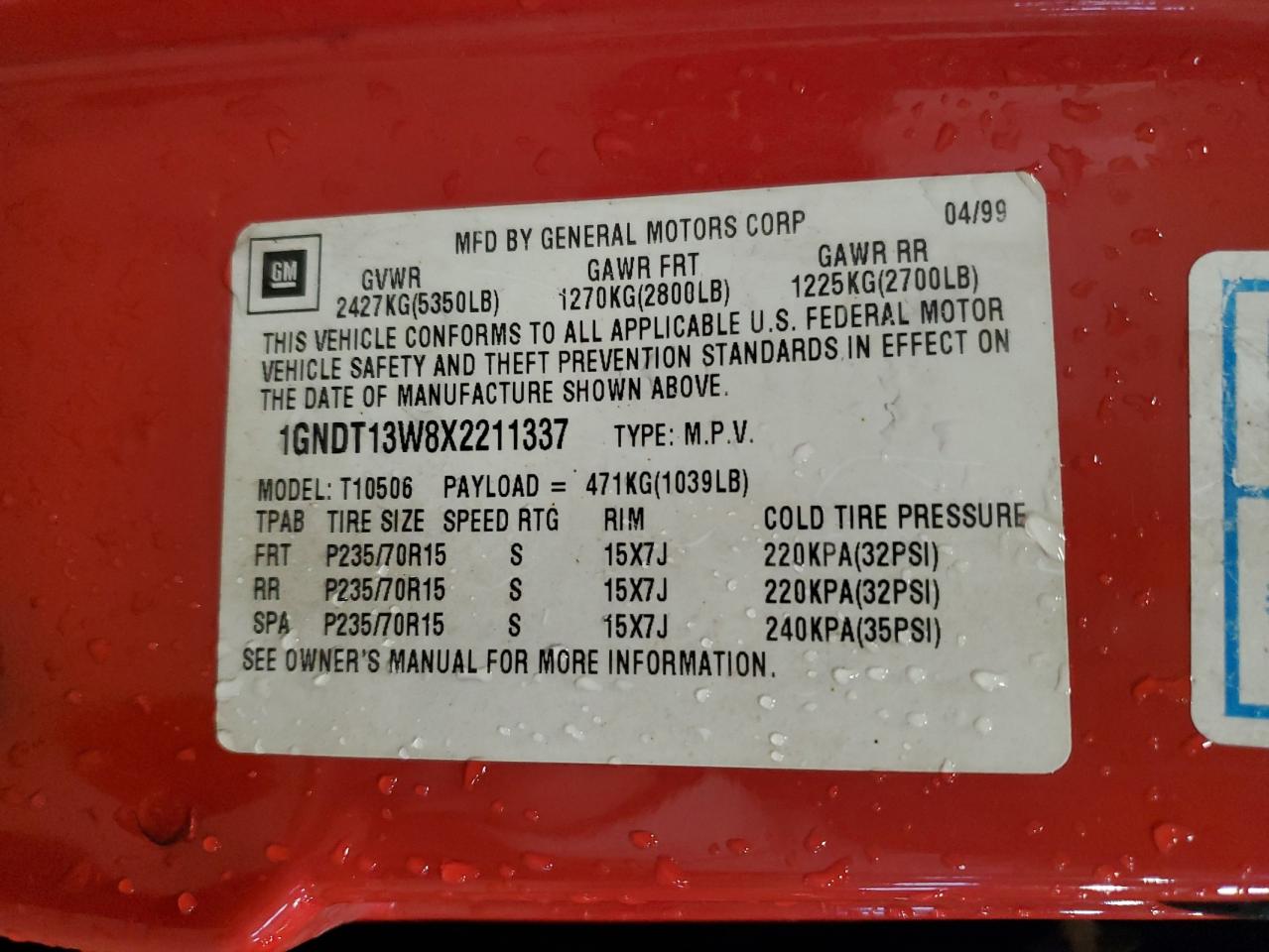 1999 Chevrolet Blazer VIN: 1GNDT13W8X2211337 Lot: 89471185