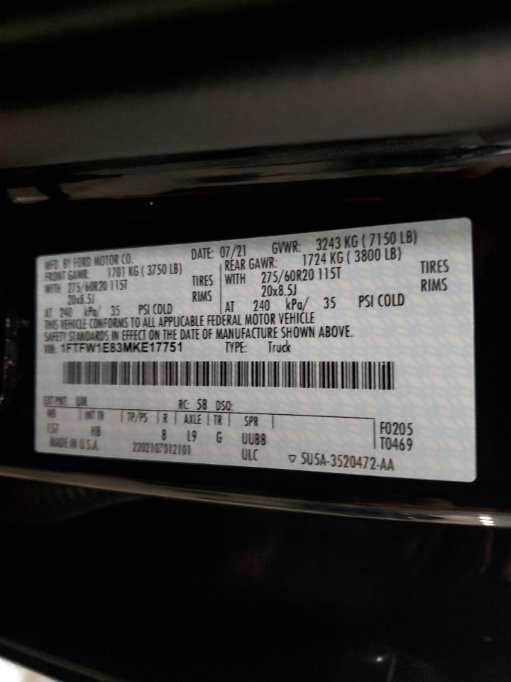 2021 Ford F150 Supercrew VIN: 1FTFW1E83MKE17751 Lot: 90478265