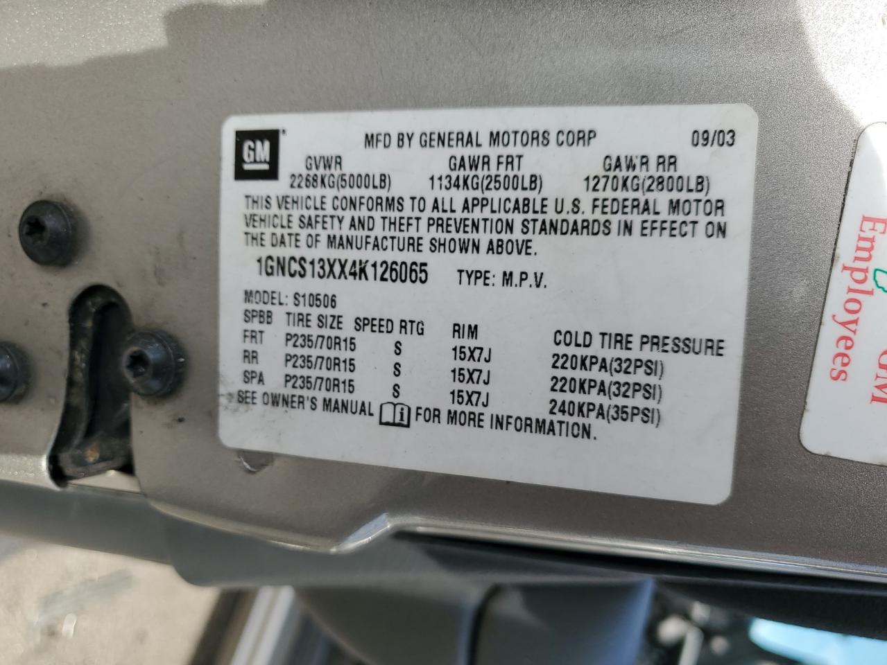 2004 Chevrolet Blazer VIN: 1GNCS13XX4K126065 Lot: 90414355