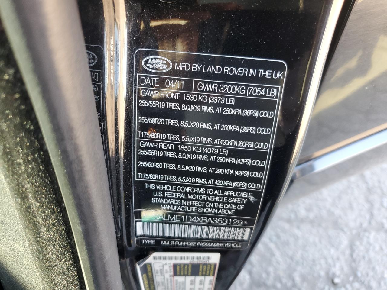 2011 Land Rover Range Rover Hse VIN: SALME1D4XBA353129 Lot: 84611665