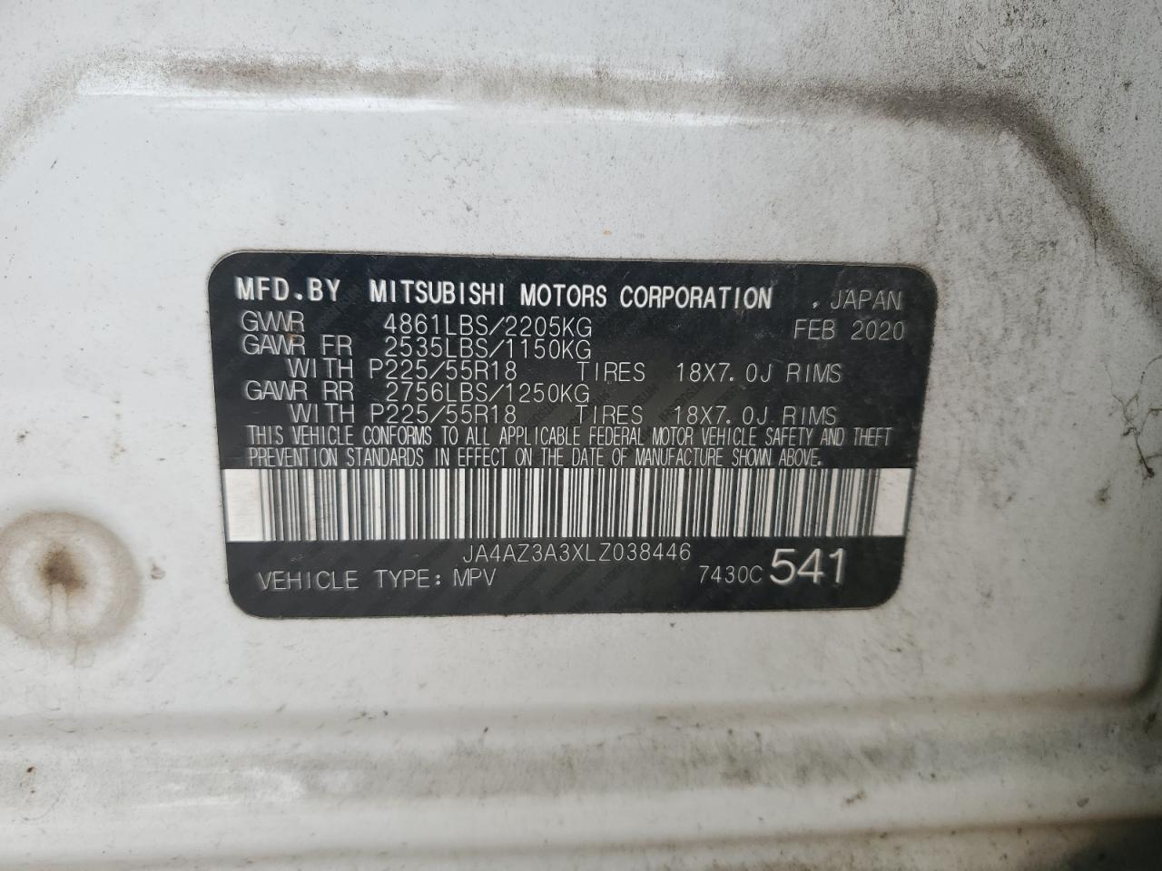 2020 Mitsubishi Outlander Se VIN: JA4AZ3A3XLZ038446 Lot: 85363325