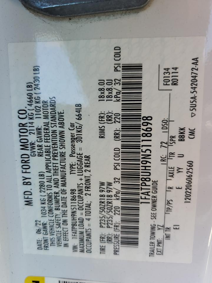 2022 Ford Mustang VIN: 1FATP8UH9N5118698 Lot: 82469805