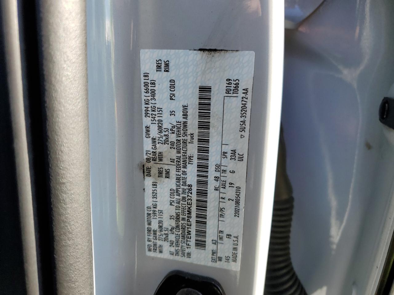 2021 Ford F150 Supercrew VIN: 1FTEW1EP8MKE37268 Lot: 82758535