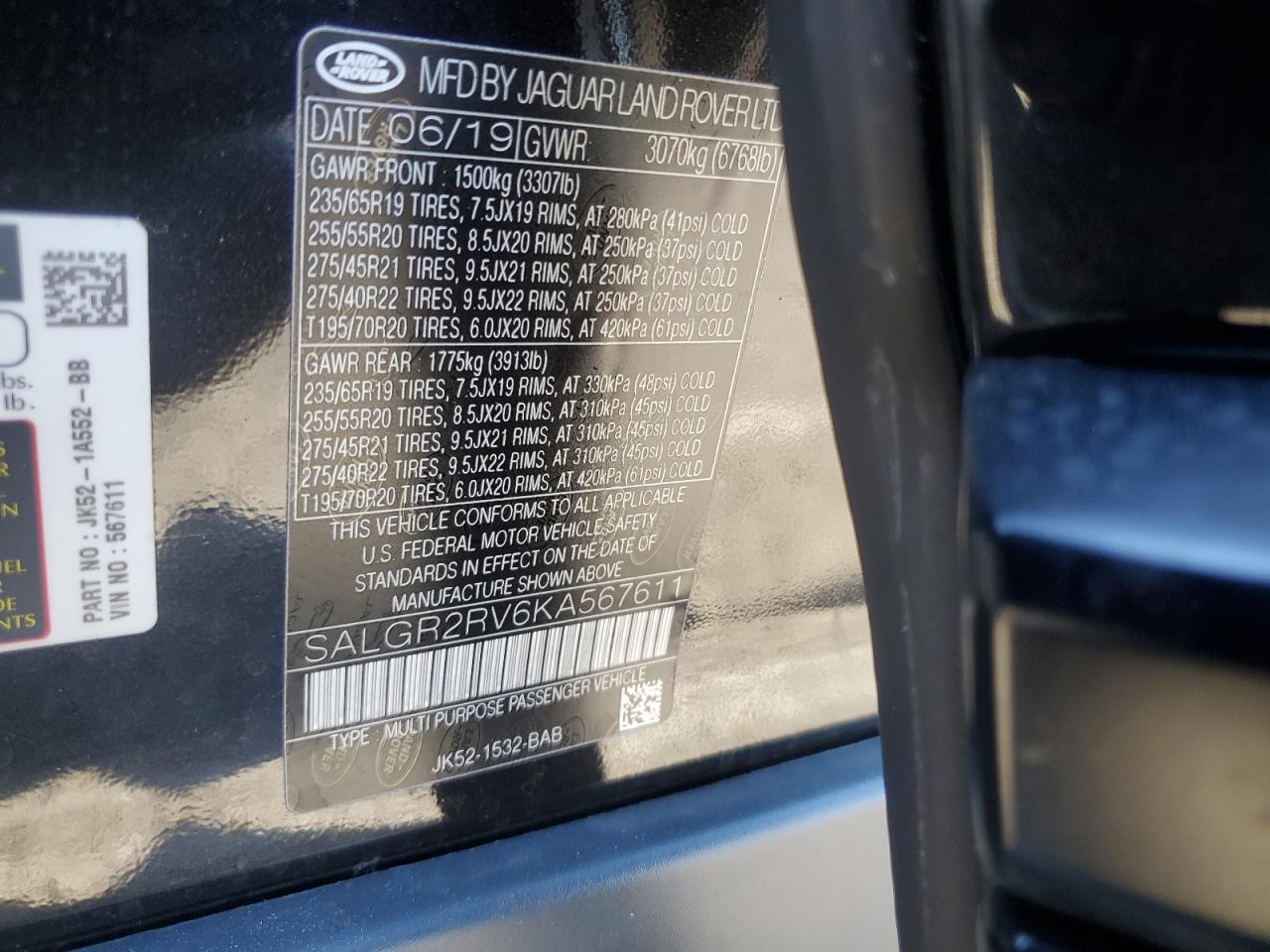 2019 Land Rover Range Rover VIN: SALGR2RV6KA567611 Lot: 90721115