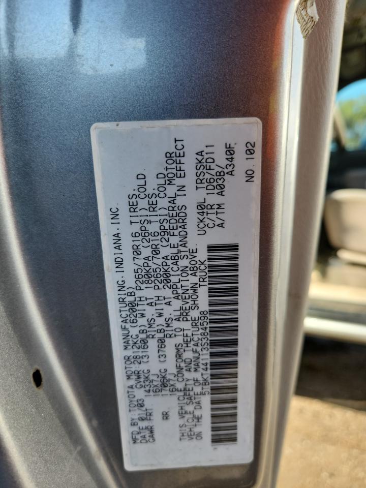2003 Toyota Tundra Sr5 VIN: 5TBKT44113S384598 Lot: 86470105