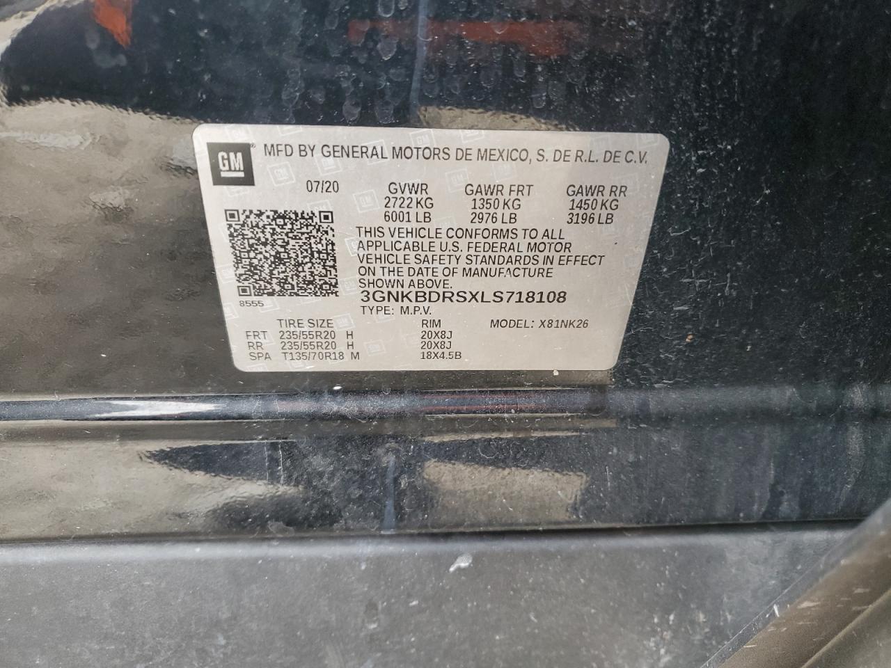 2020 Chevrolet Blazer 3Lt VIN: 3GNKBDRSXLS718108 Lot: 82660945