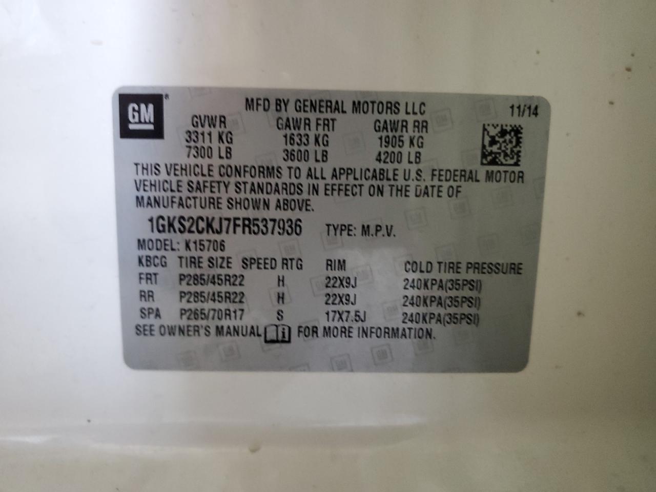 2015 GMC Yukon Denali VIN: 1GKS2CKJ7FR537936 Lot: 84549015