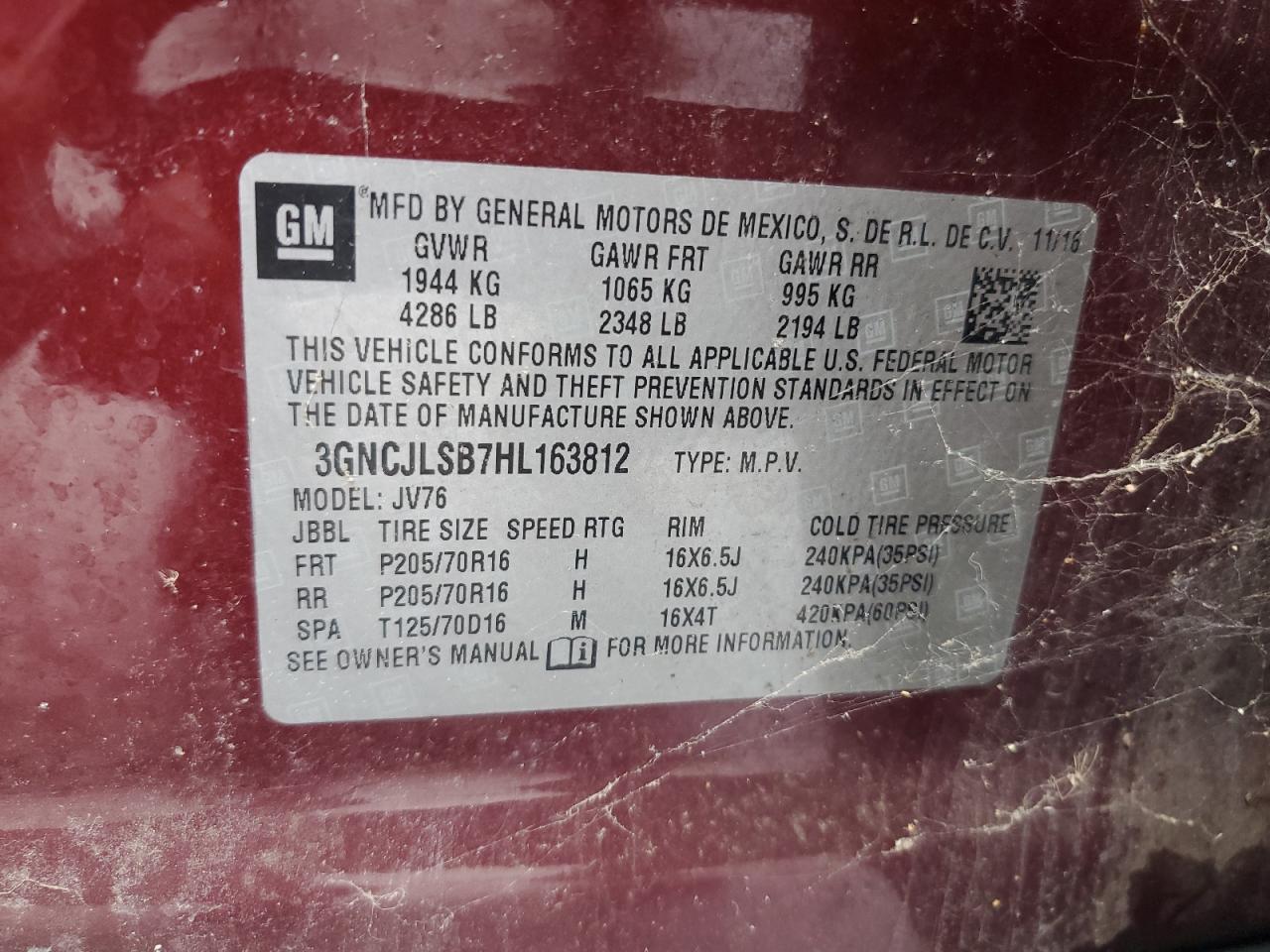 2017 Chevrolet Trax 1Lt VIN: 3GNCJLSB7HL163812 Lot: 90632615