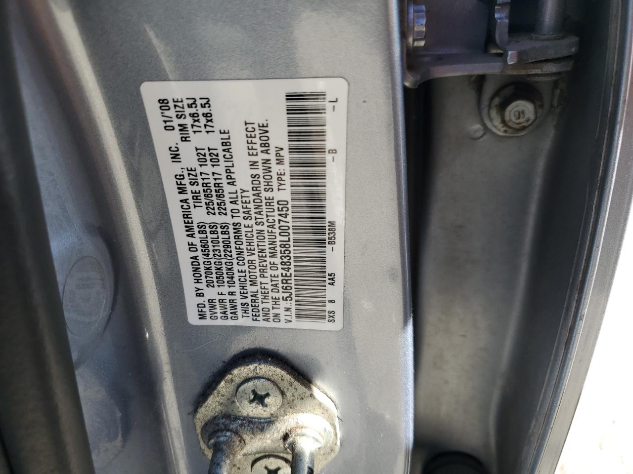 2008 Honda Cr-V Lx VIN: 5J6RE48358L007450 Lot: 85881765