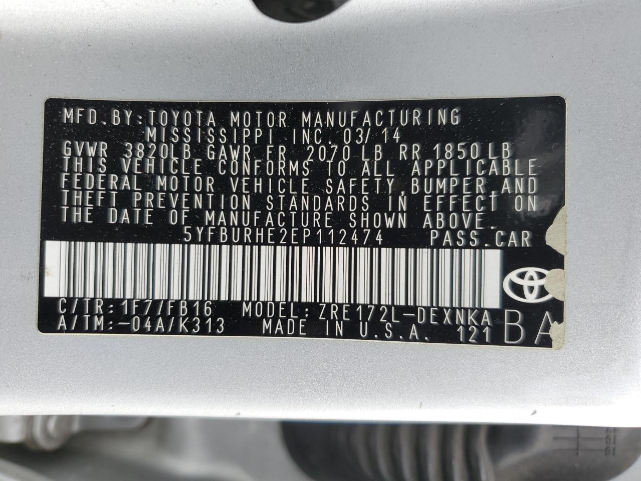 2014 Toyota Corolla L VIN: 5YFBURHE2EP112474 Lot: 82336375