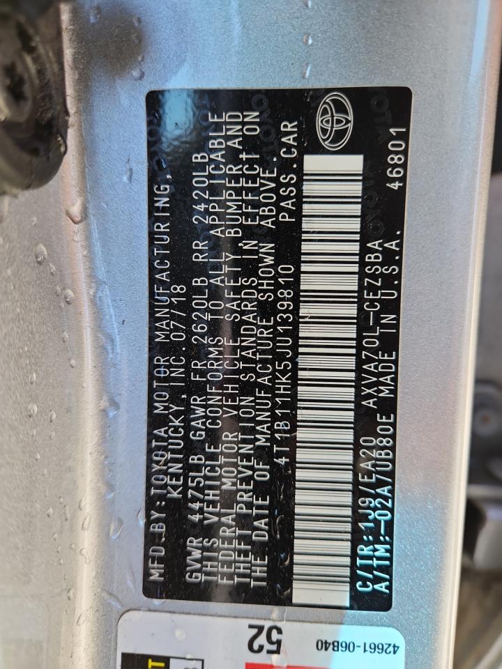 2018 Toyota Camry L VIN: 4T1B11HK5JU139810 Lot: 84542995