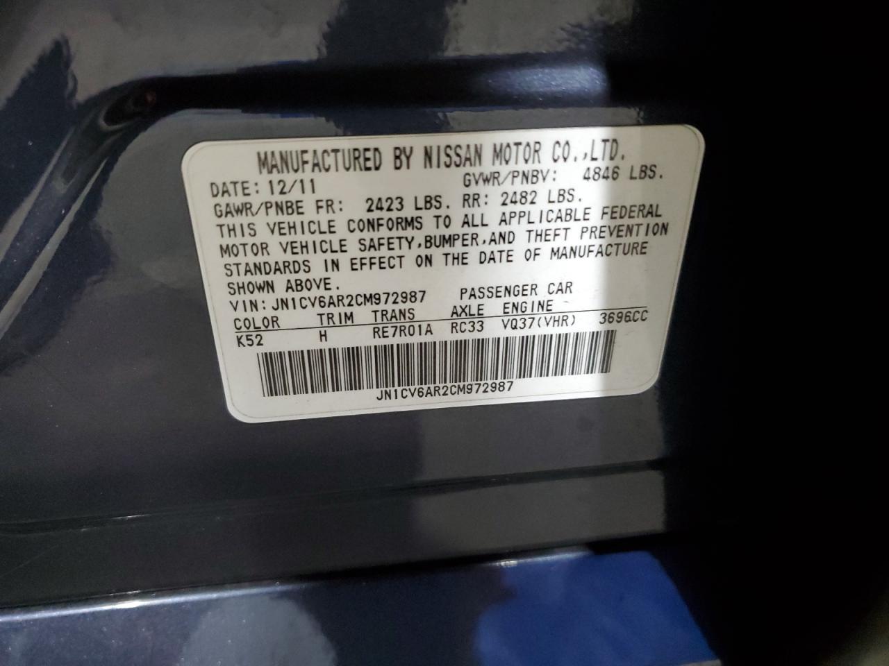 2012 Infiniti G37 VIN: JN1CV6AR2CM972987 Lot: 90544755