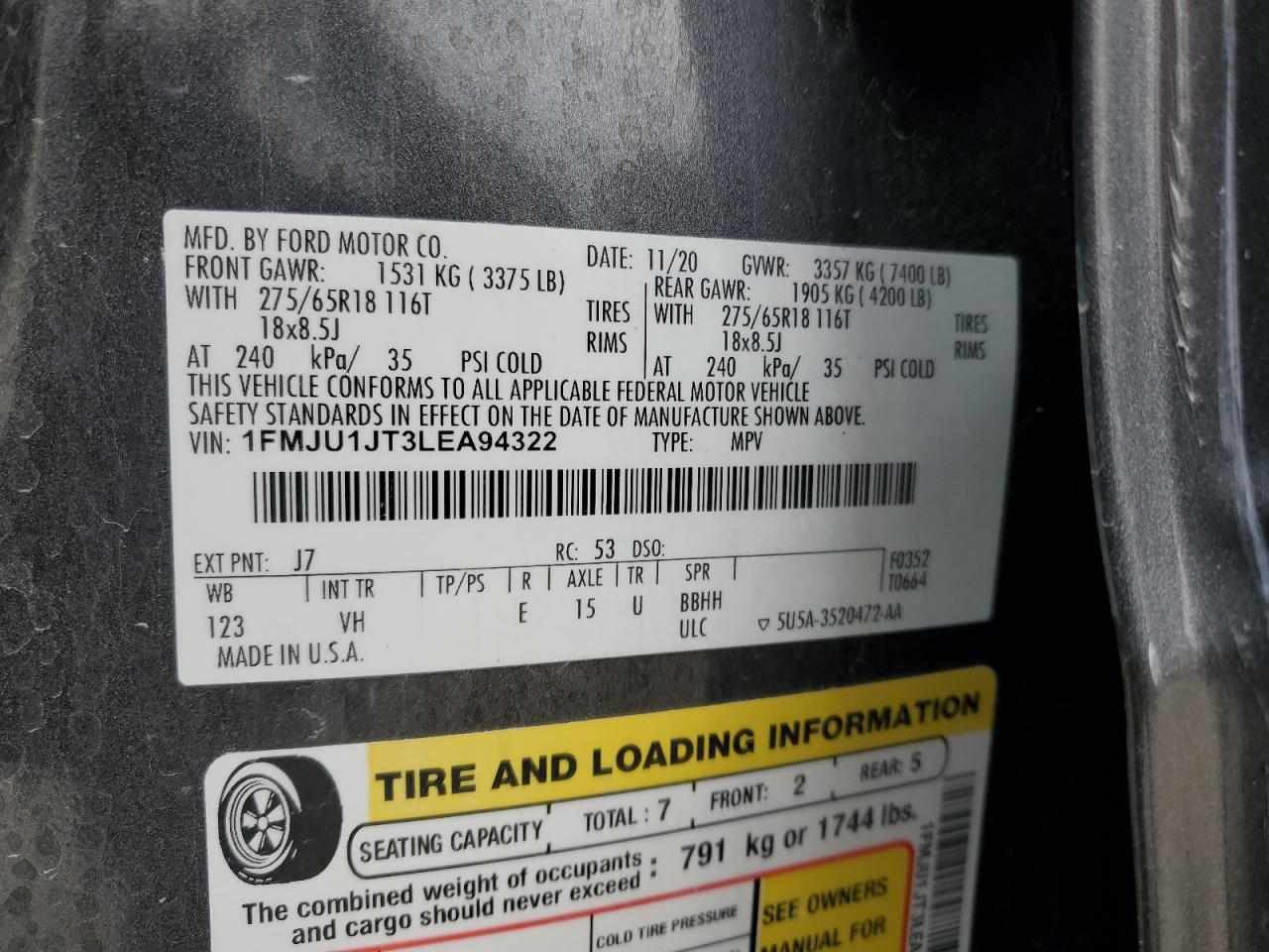 2020 Ford Expedition Xlt VIN: 1FMJU1JT3LEA94322 Lot: 89503755