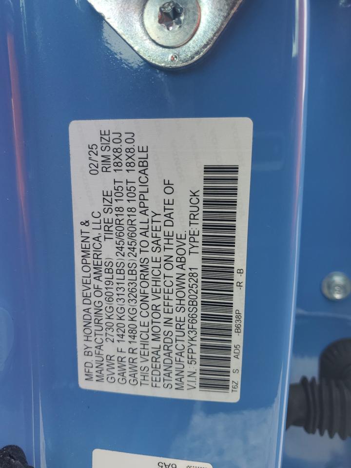 2025 Honda Ridgeline Trail Sport VIN: 5FPYK3F66SB025281 Lot: 85595335