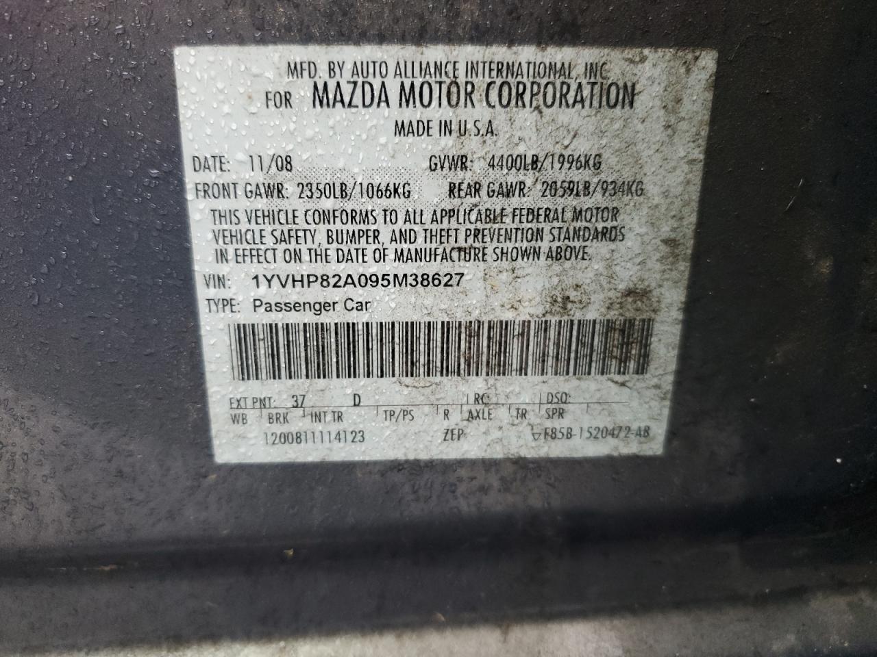 2009 Mazda 6 I VIN: 1YVHP82A095M38627 Lot: 84943325