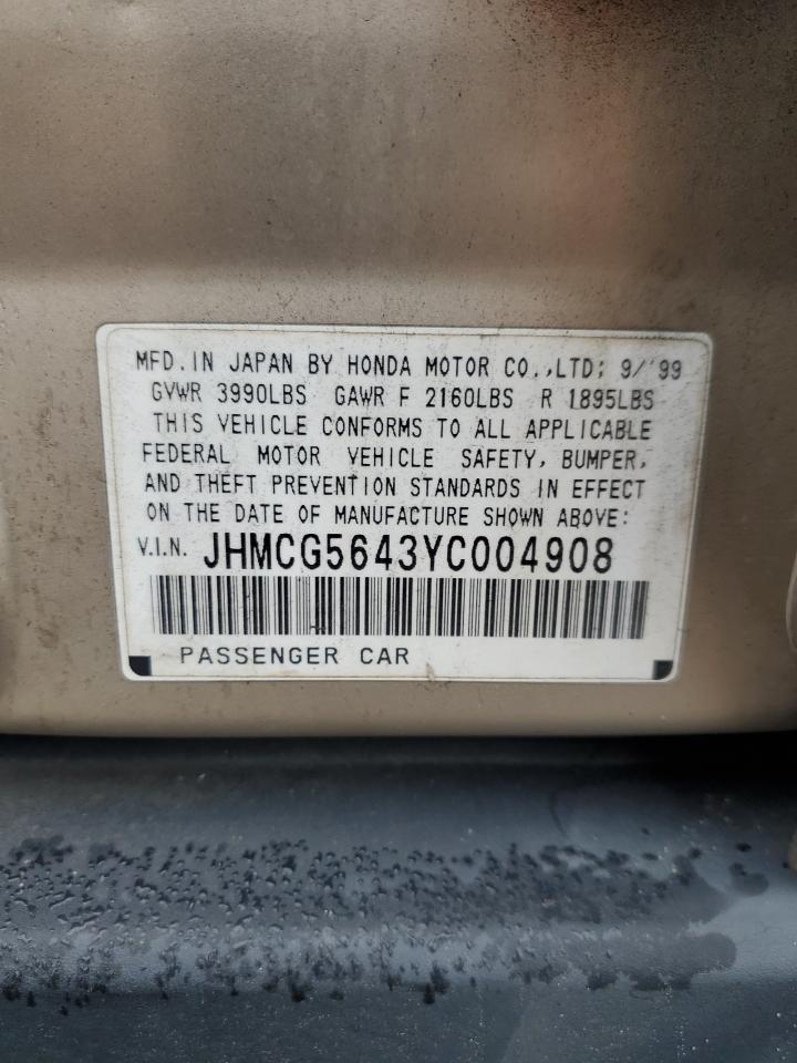 2000 Honda Accord Lx VIN: JHMCG5643YC004908 Lot: 90290985