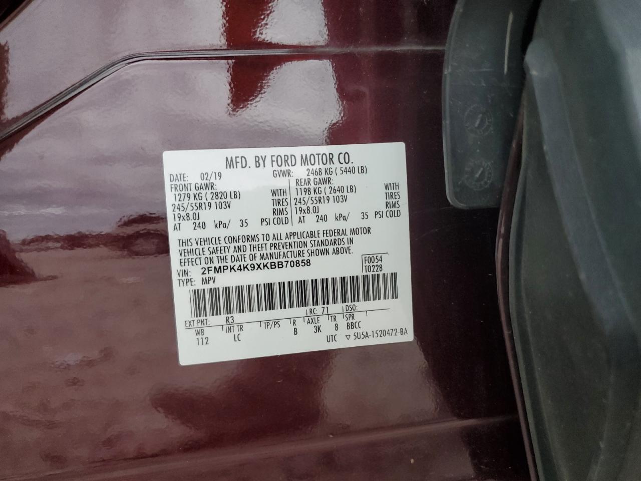 2019 Ford Edge Titanium VIN: 2FMPK4K9XKBB70858 Lot: 85197985