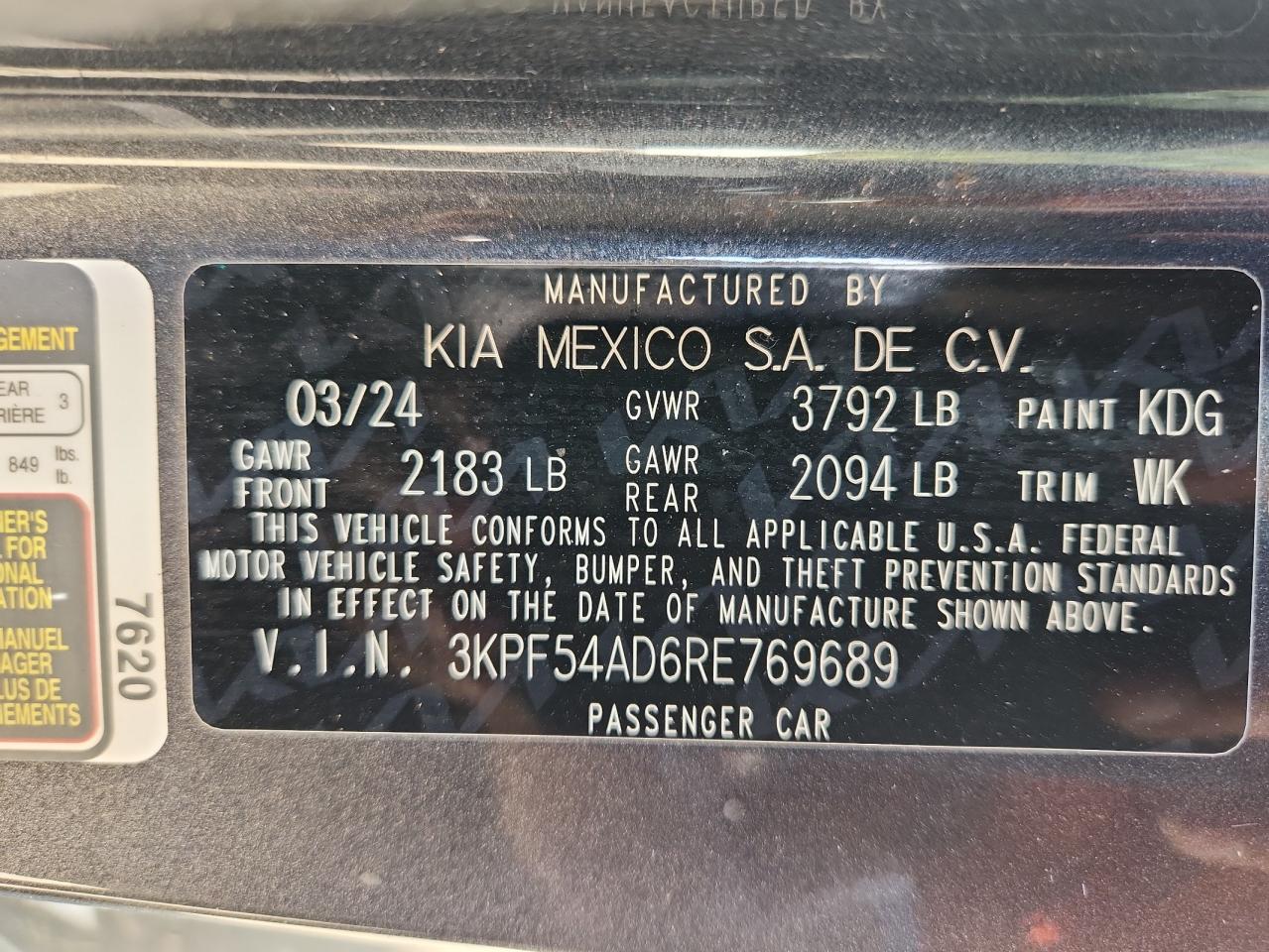 2024 Kia Forte Gt Line VIN: 3KPF54AD6RE769689 Lot: 82464355