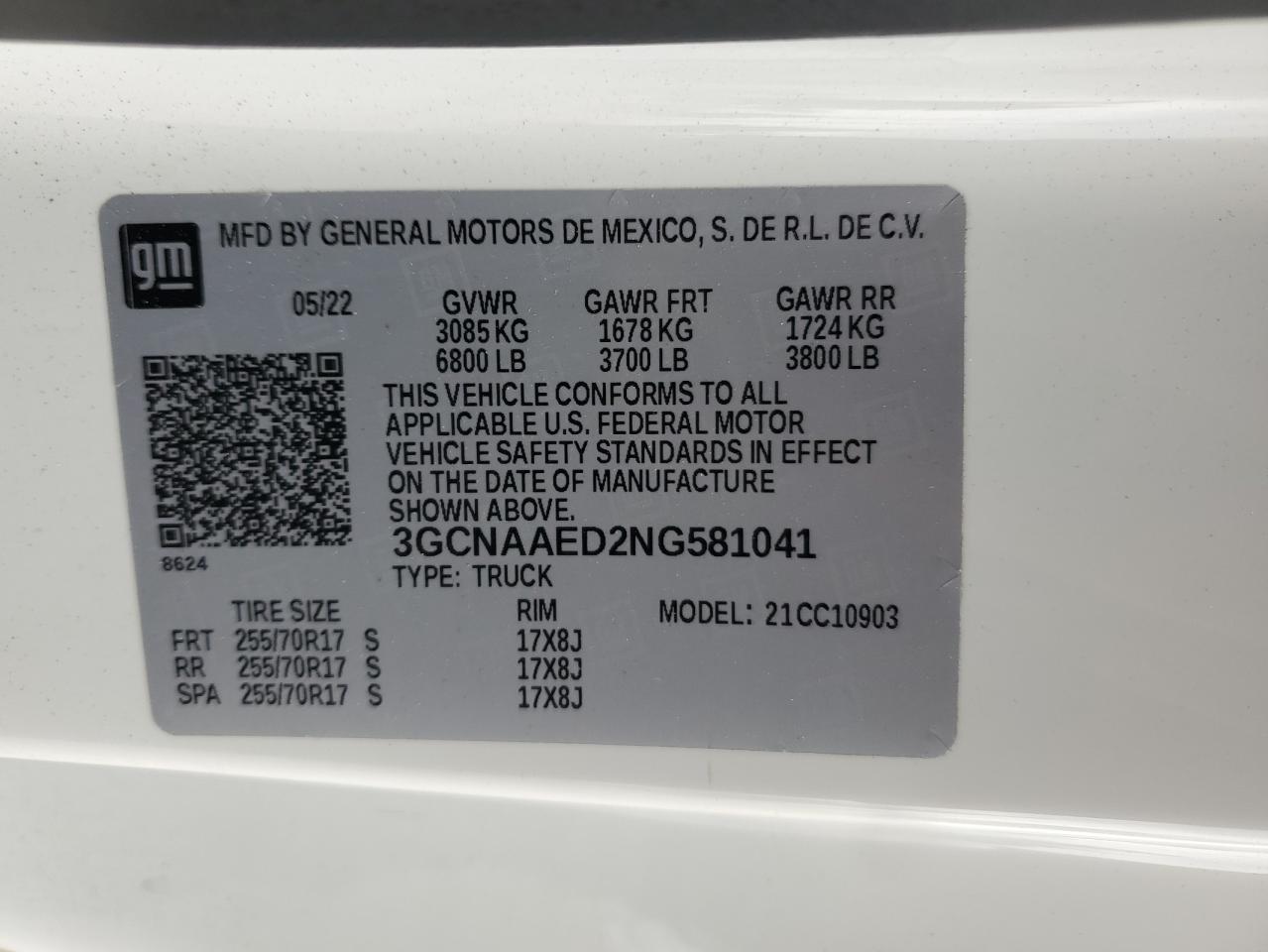 2022 Chevrolet Silverado C1500 VIN: 3GCNAAED2NG581041 Lot: 82281915