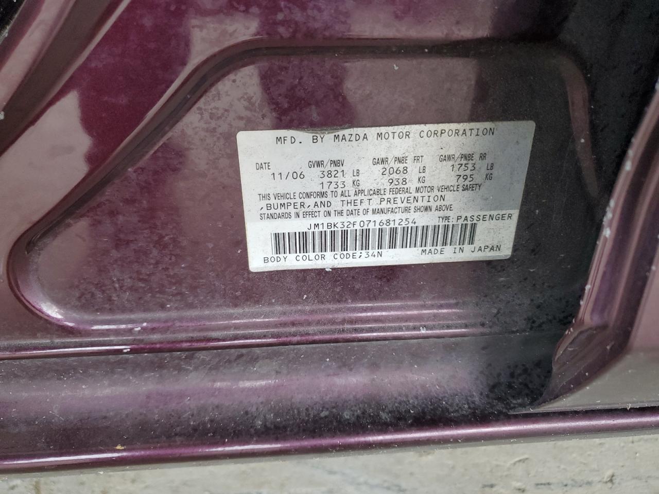 2007 Mazda 3 I VIN: JM1BK32F071681254 Lot: 90361745