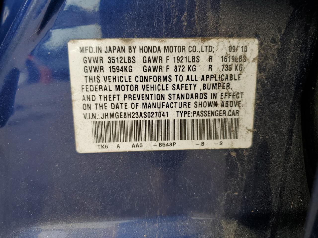 2010 Honda Fit VIN: JHMGE8H23AS027041 Lot: 82378025