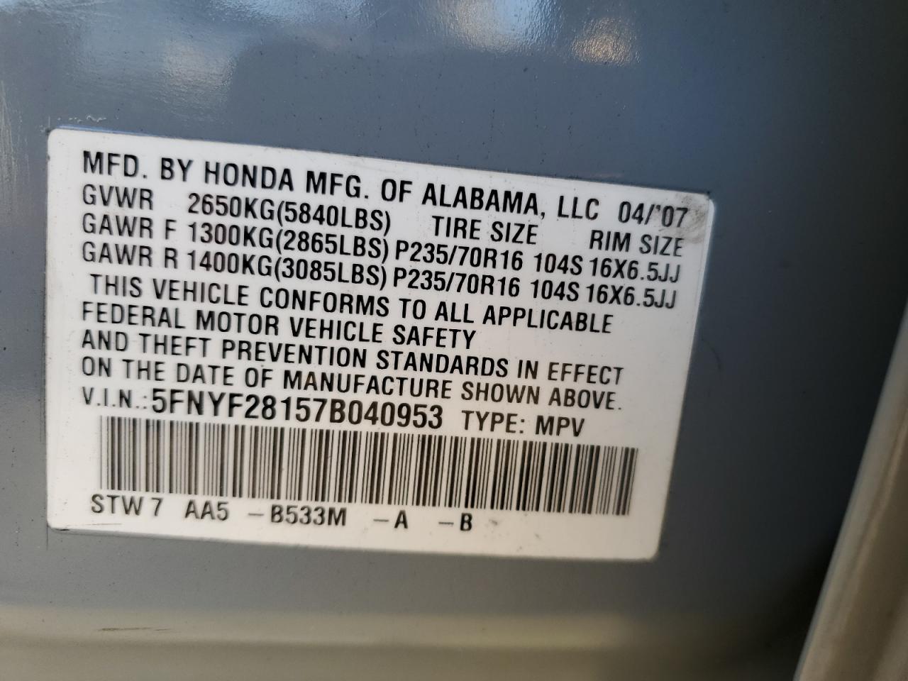 2007 Honda Pilot Lx VIN: 5FNYF28157B040953 Lot: 86183925