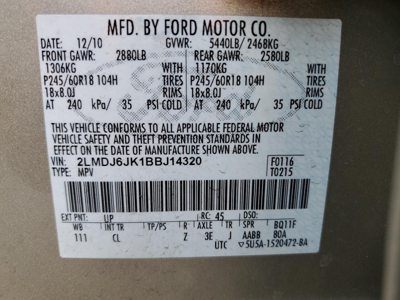 2011 Lincoln Mkx VIN: 2LMDJ6JK1BBJ14320 Lot: 89776395