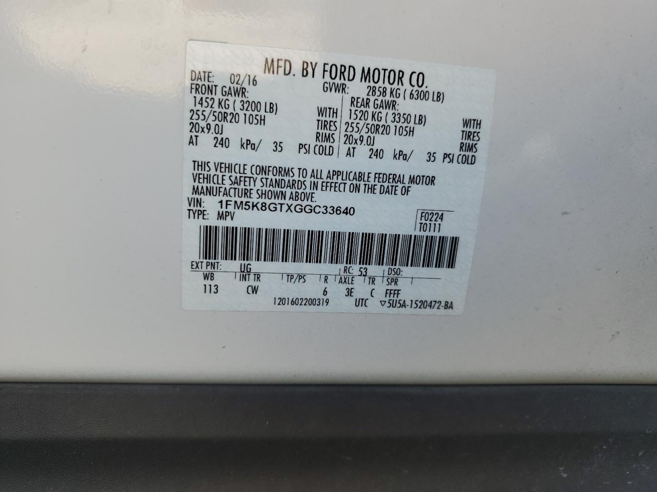 2016 Ford Explorer Sport VIN: 1FM5K8GTXGGC33640 Lot: 85168195